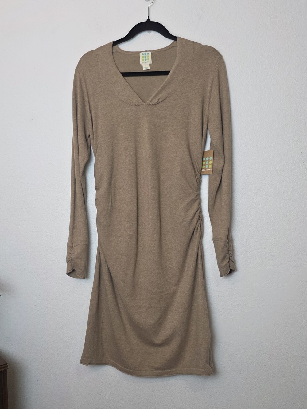 🚨NEW TITLE NINE Tan Brown Ruched Long Sleeve Sweater Dress Cotton Blend Size L